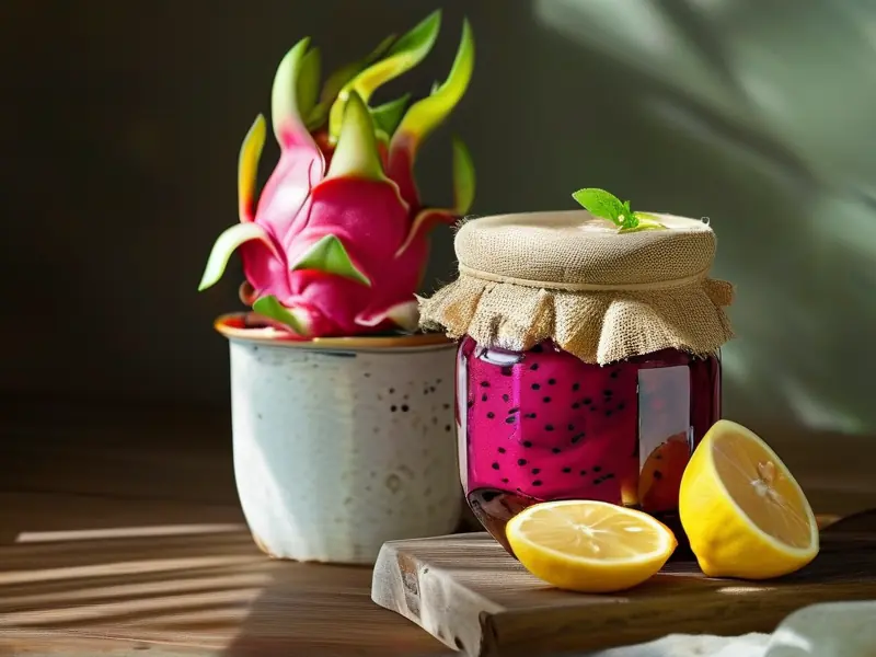 不放酒的火龙果酒制作过程：火龙果切块与白糖混合发酵