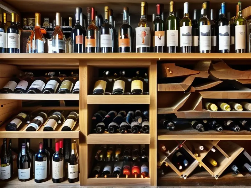 不同藏酒方式的展示图:木桶、玻璃瓶、地窖和温控柜中的酒品储存