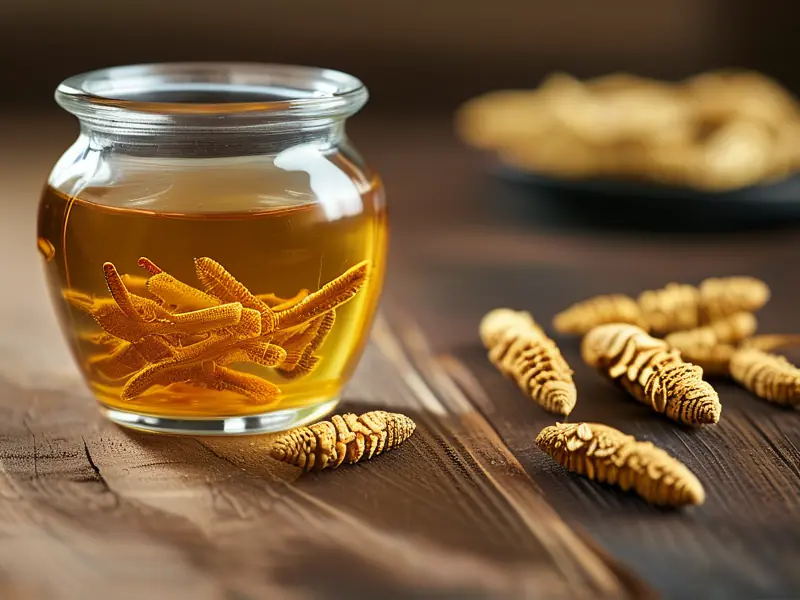 传统虫草泡酒实物展示：金黄虫草在琥珀色酒液中沉浮