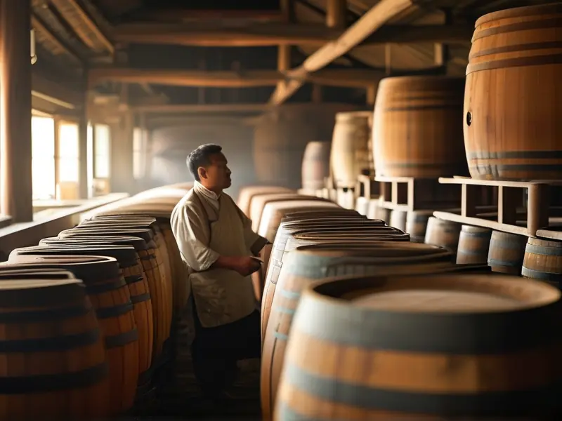 酿酒师检查崇明老白酒的发酵过程