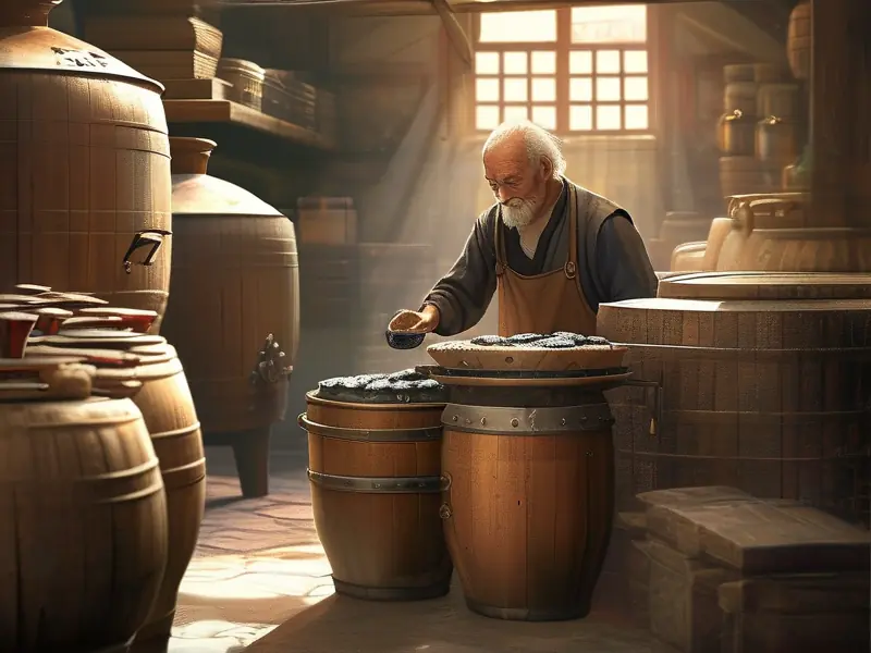 老酿酒师用古法酿造白酒的传统工艺场景