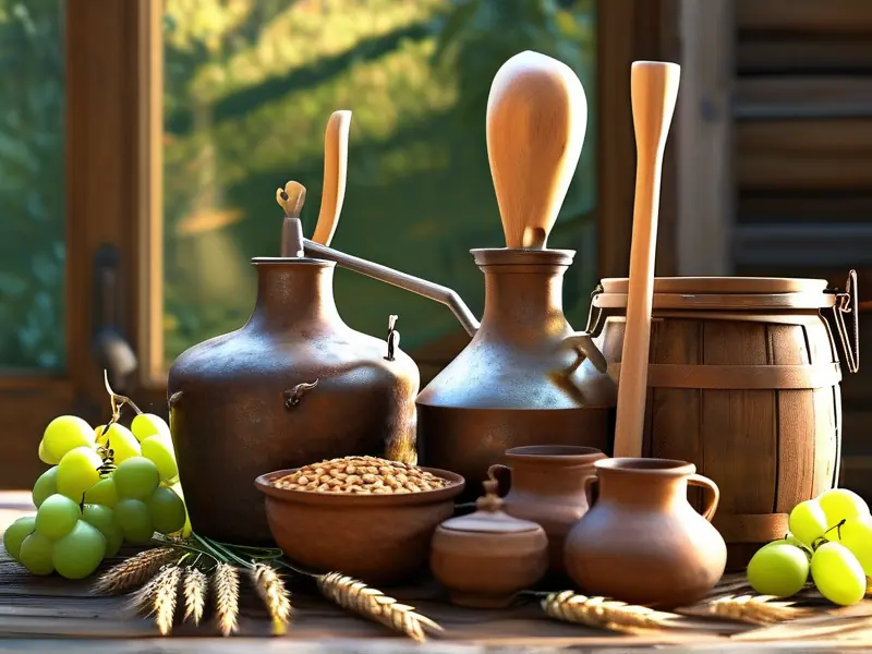 传统酿酒设备展示：铜制蒸馏器、陶制发酵罐与木质工具