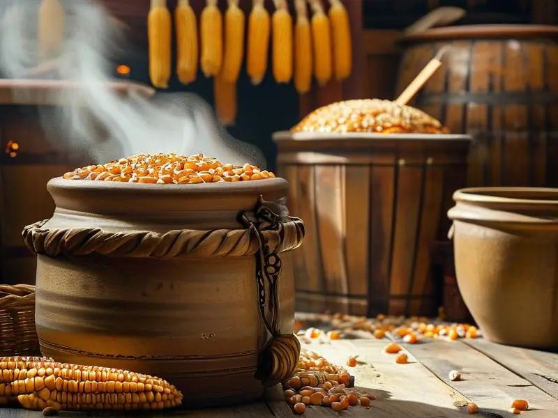 传统玉米酒酿造过程实拍:玉米蒸煮与陶缸发酵场景