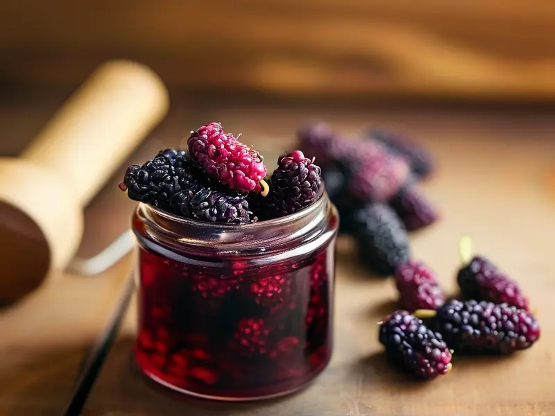 新鲜桑葚与自制桑葚酒的对比展示