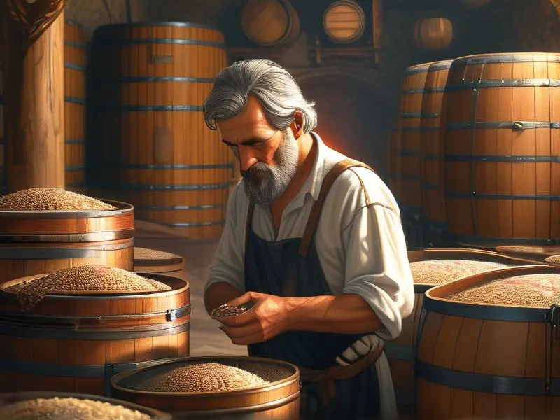 传统酿酒师傅检查发酵粮食