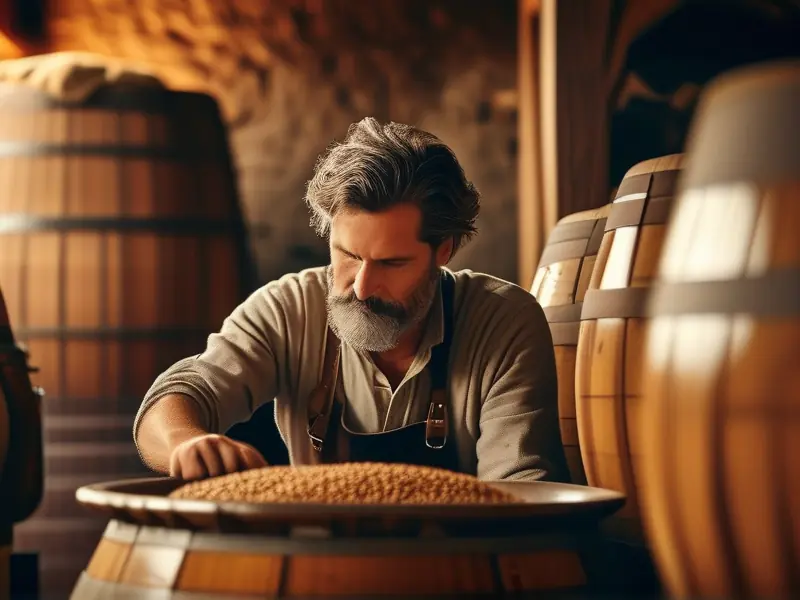 酿酒师检查纯粮自酿白酒的发酵过程