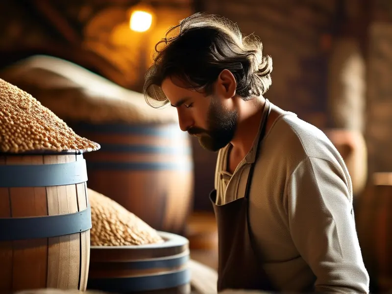 酿酒师检查发酵中的粮食