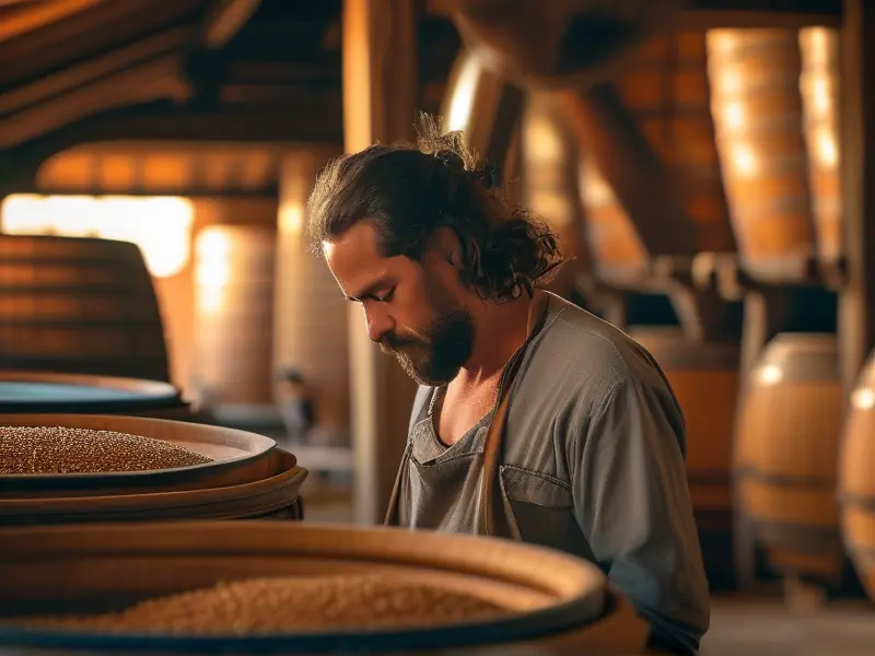 纯粮食酒的制作工艺：酿酒师检查发酵原料