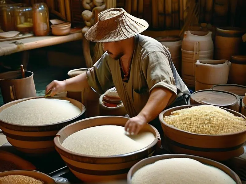 专业酿酒师演示大米和高粱的配比过程