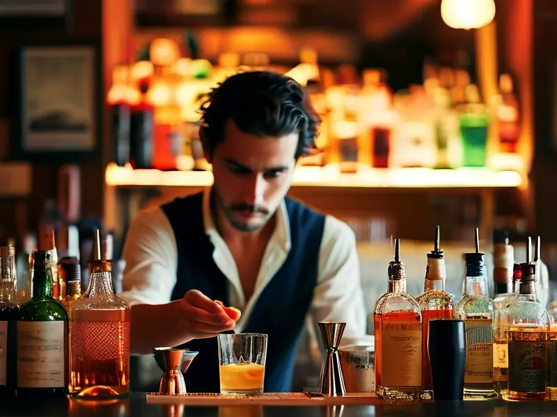 专业调酒师在吧台调制鸡尾酒