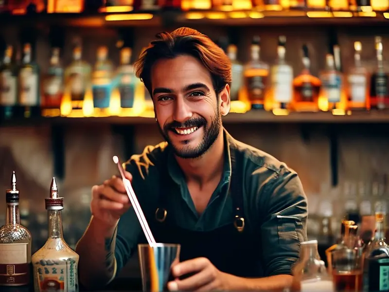 专业调酒师在酒吧演示调酒技巧