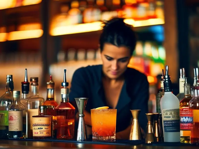 专业调酒师在吧台调制鸡尾酒