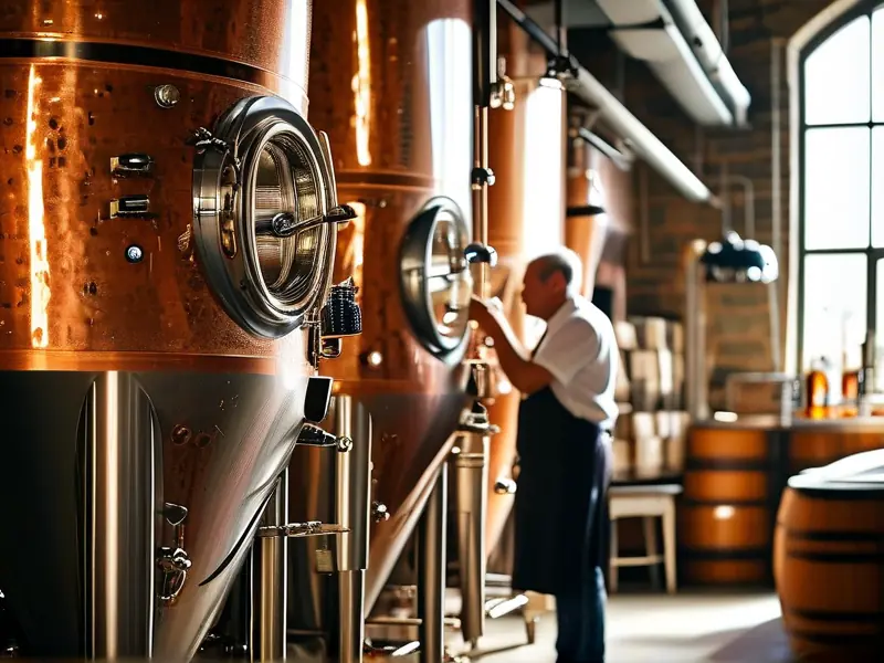 德国啤酒酿造车间内酿酒师检查麦芽发酵