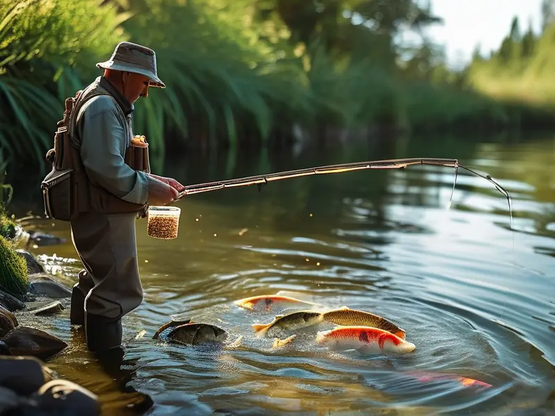 钓鱼爱好者使用自制酒米打窝吸引鱼群