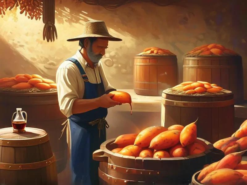 酿酒师检查地瓜烧酒发酵过程