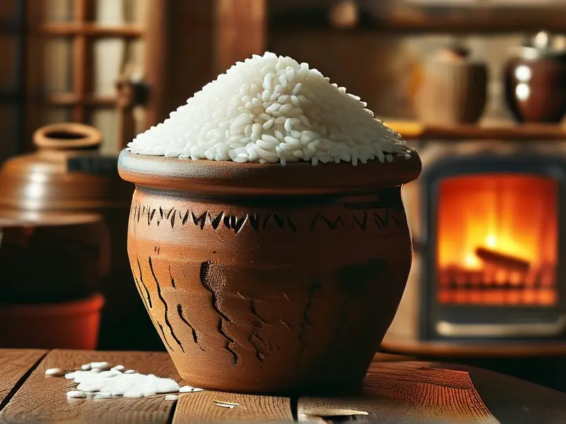 冬季糯米酒发酵保温实景图：覆盖棉被的陶缸与温度计特写