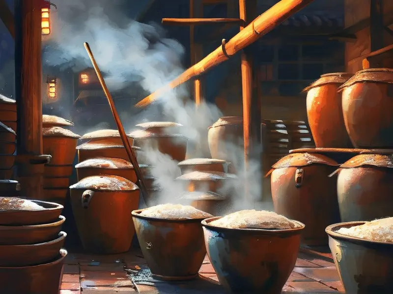 传统酿酒师在蒸汽缭绕中翻动酒醅的工艺场景