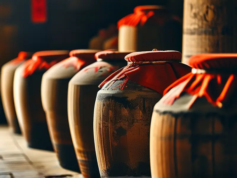 酿酒师将新酿白酒倒入陶瓷酒坛保存