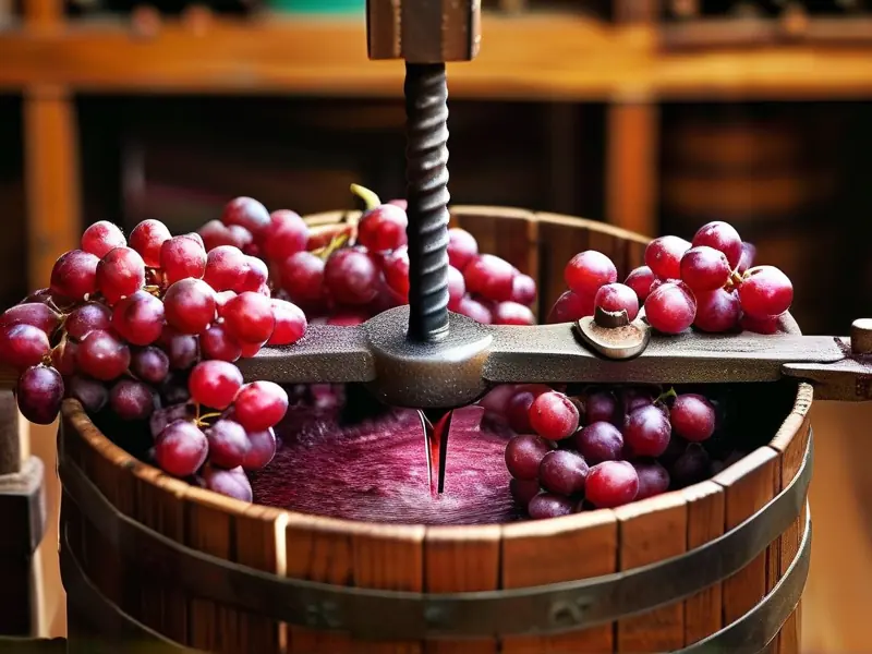 传统干红葡萄酒酿造过程中葡萄压榨场景