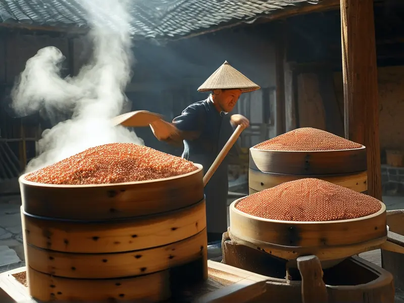 传统方法蒸煮高粱的实景操作