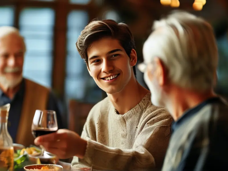 年轻人向长辈恭敬端酒的礼仪场景