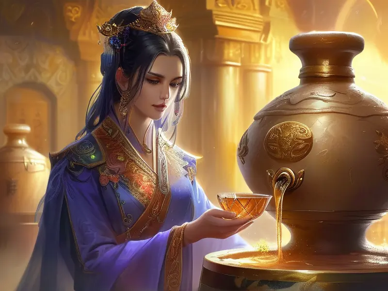 古代宫廷酿酒师用玉器盛装酒液的场景