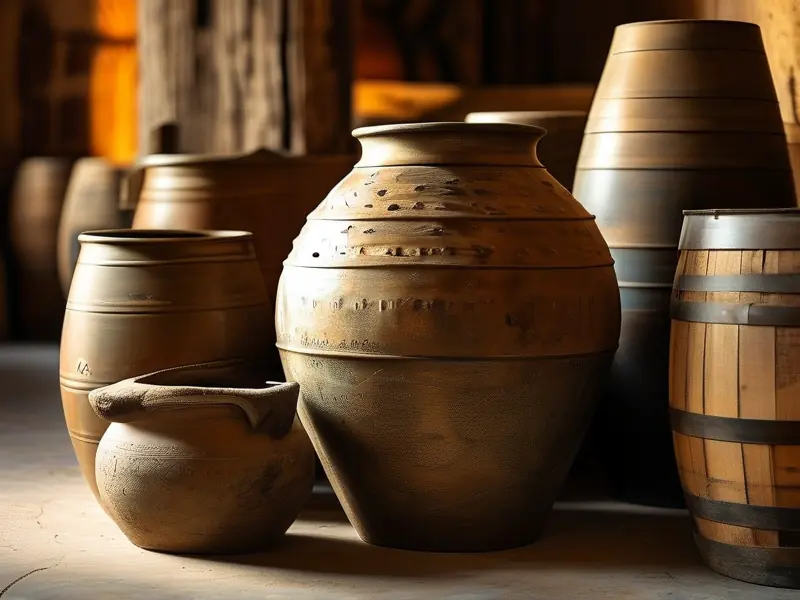 古代青铜酒器与陶制酒瓮实物展示图