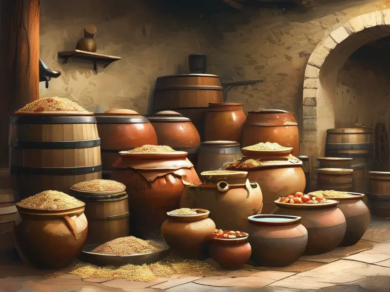 古代酿酒师使用谷物和水果在陶罐中酿酒的场景