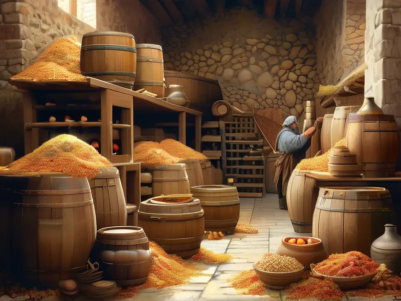 古代酿酒场景展示谷物和水果作为原料