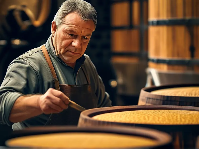 酿酒师检查固态发酵酒醅