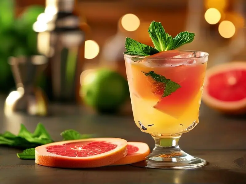 色彩鲜艳的西柚鸡尾酒,装饰精美,调酒工具和新鲜西柚背景