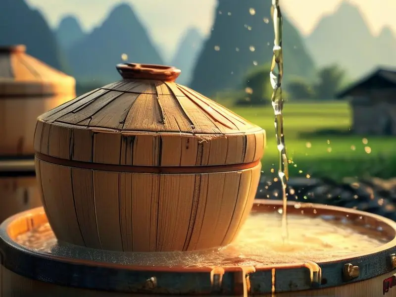 广西传统米酒蒸酒过程实景图