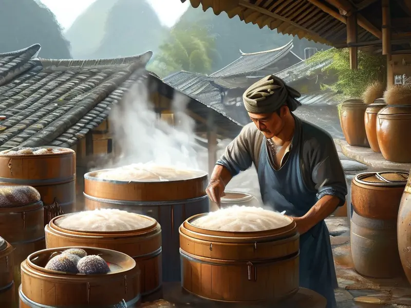 广西传统酿酒师傅蒸煮糯米场景