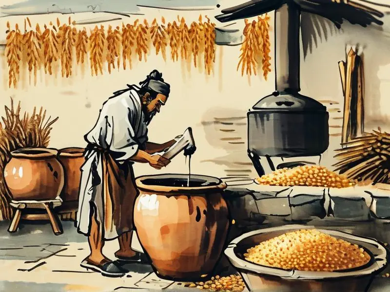 古代工匠用传统方法酿酒的场景示意图