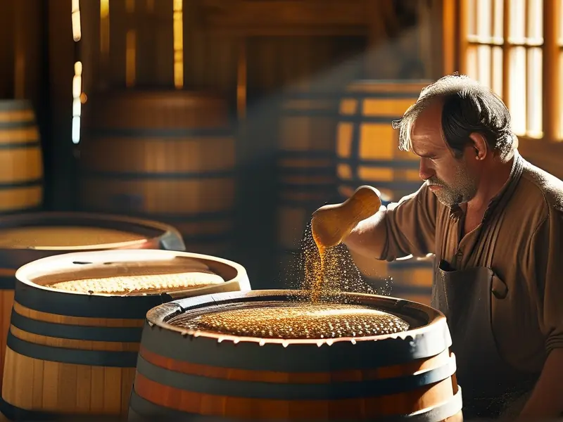 传统酿酒师手工搅拌酒醅的古法酿酒过程