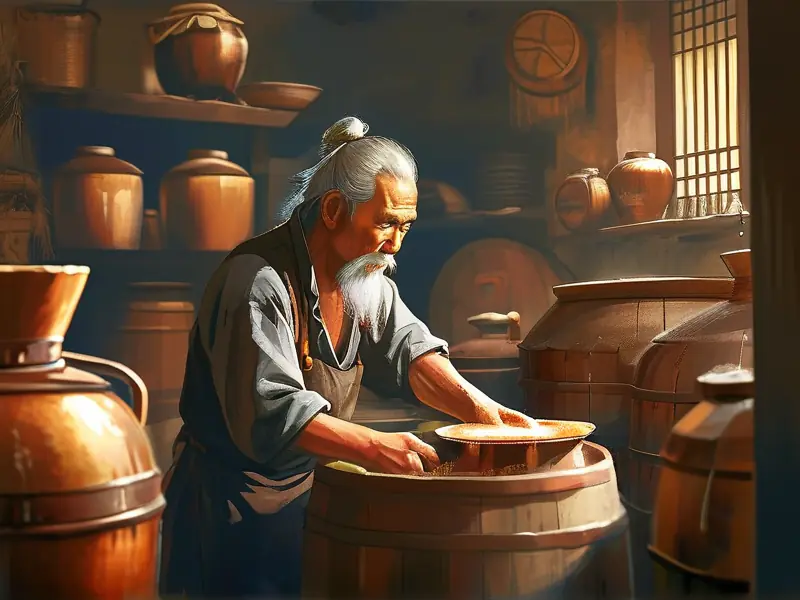 传统酿酒师演示古法酿酒工艺过程
