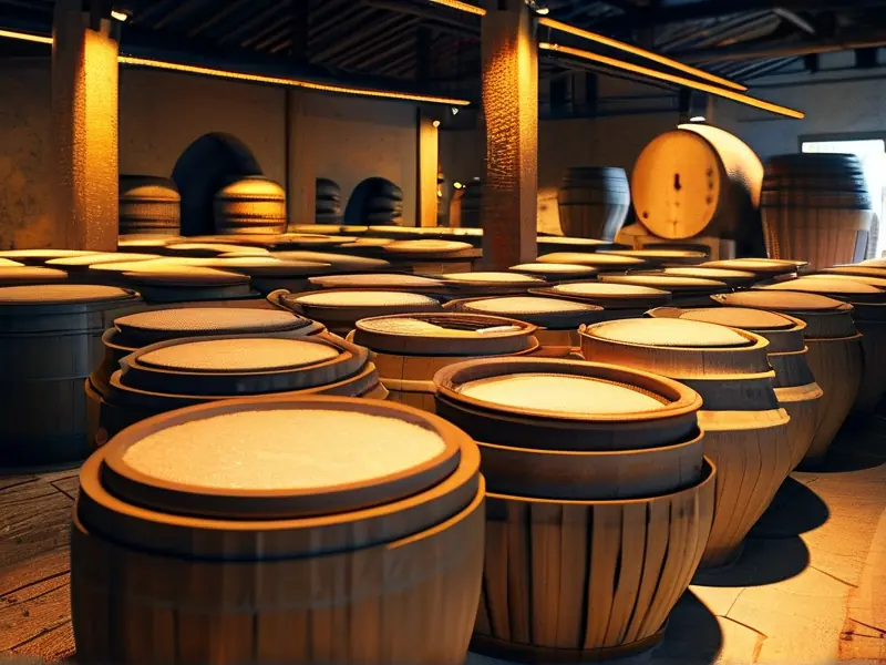 古法酿酒传统工具展示：陶缸、木甑与竹制器具