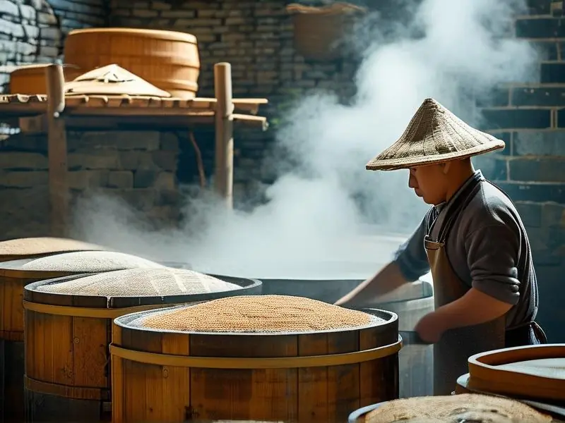 贵州传统酿酒作坊使用铜制蒸馏设备工作场景