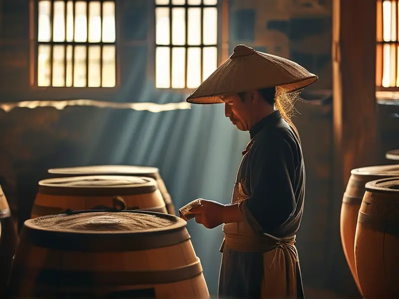 国窖酿酒师在传统酒窖中工作场景