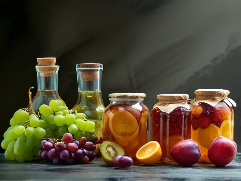 果酒制作过程展示：新鲜水果与发酵中的果酒