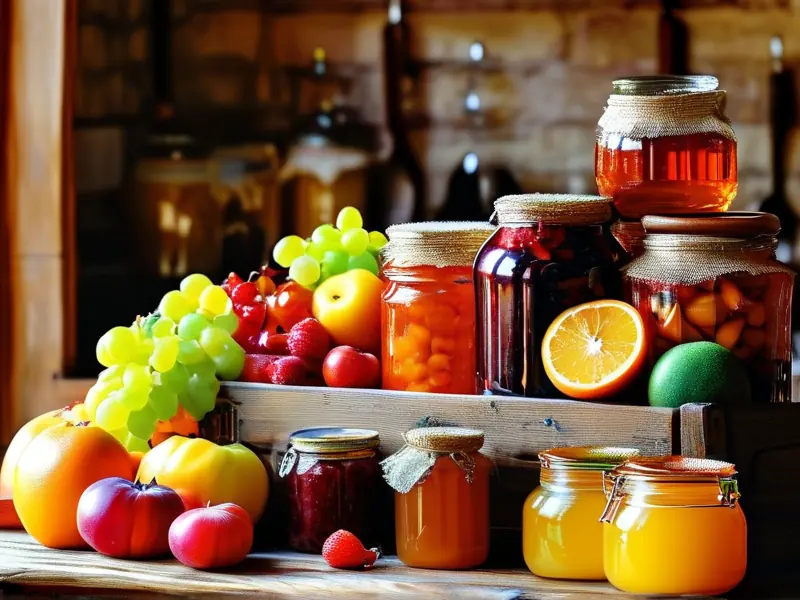 不同种类新鲜水果与发酵中的果酒玻璃罐摆放在木箱中展示酿造过程