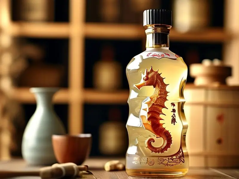 海马泡酒成品展示，金黄透亮的酒液中浸泡着海马和中药材