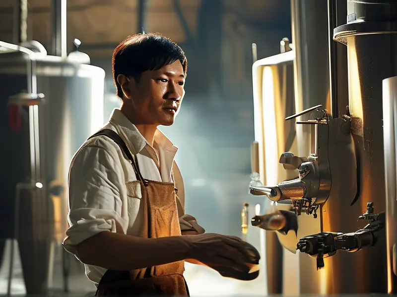 何俊峰在酿酒车间指导工人操作