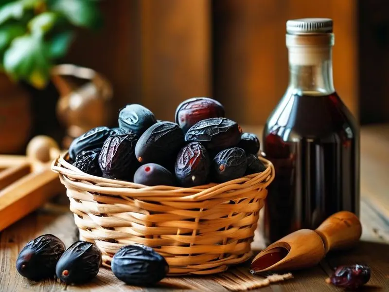 新鲜黑枣和酿好的黑枣酒