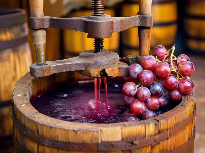 红葡萄酒酿制过程中的葡萄压榨场景