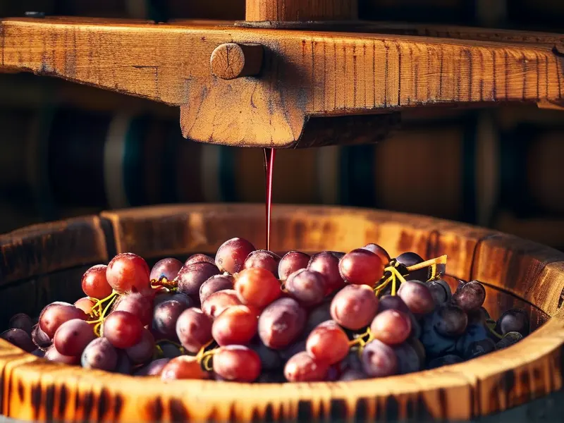红酒酿造过程中的葡萄压榨场景