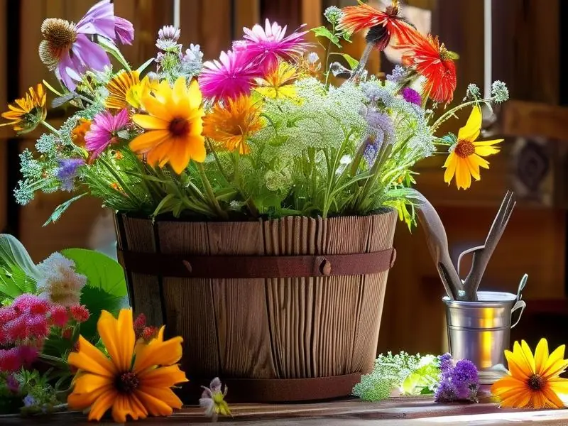 花酒酿造过程：鲜花与发酵工具在木桶中