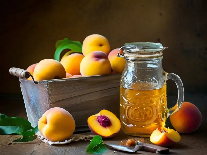 新鲜黄桃和玻璃罐中的黄桃酒发酵过程