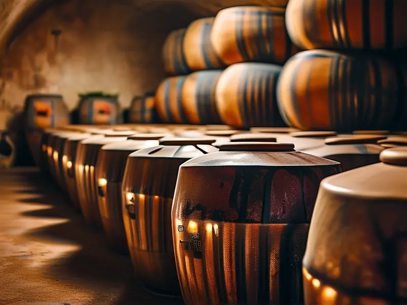 专业酒窖中储存的酱酒陶坛与温湿度监测设备