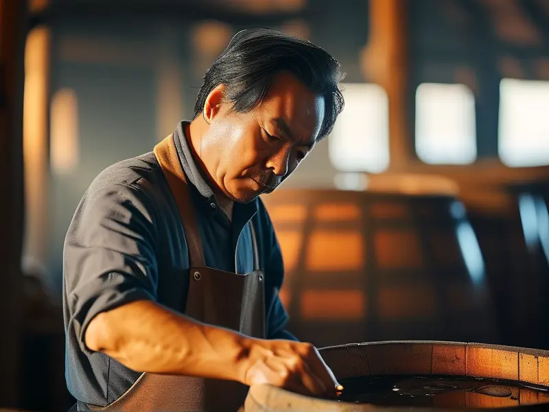 酿酒师检查江阴老白酒发酵过程